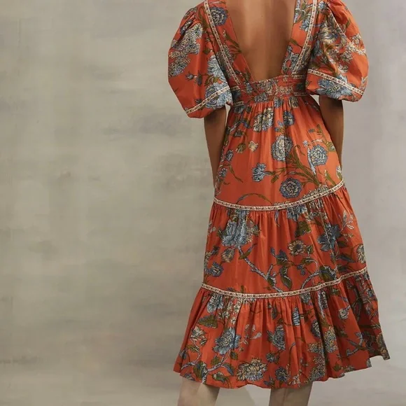 Anthropologie Love the Label Puffed Sleeves Orange Floral Tiered MIDI Dress XS - Picture 13 of 15